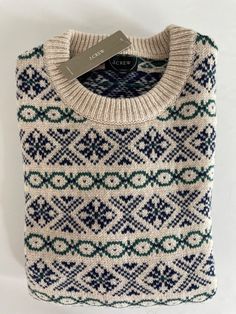 * J.Crew Fair Isle lambswool crewneck sweater * - New with tag. - Style# AF187. - Size: XS. - Color: Multicolor = Beige/Navy/Green. - Retails $128.00 - *****Reviews. - PRODUCT DETAILS: It's sweater weather (and it probably will be for a while). You pretty                                      much can't go wrong with one made from lambswool: It's soft,                                      warm and always a good decision when the temperature stars to                                       drop. J.C Grandpa Sweater Aesthetic, Fair Isle Sweater Outfit, Fair Isle Sweater Pattern, Fairisle Sweaters, Modern Fair Isle, Whale Sweater, Mountain Sweater, Retro Sweaters, Fair Isle Sweater Dress