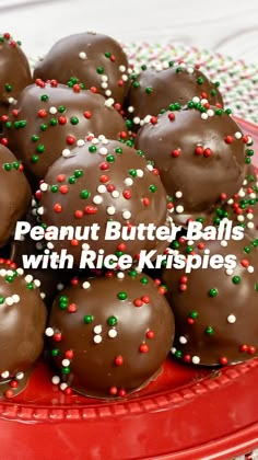 chocolate peanut butter balls on a red plate with sprinkles and green text overlay