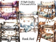 bunk beds with stars and blankets are shown in three different positions, including the top one is