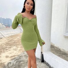 Brand New In Perfect Condition! Flounce Sleeve Bodycon Dress, Green Bodycon Dress, Mini Bodycon Dress, Bodycon Dress With Sleeves, Shein Dress, Sleeve Bodycon Dress, Shein Dresses, Flounce Sleeve, Festival Dress