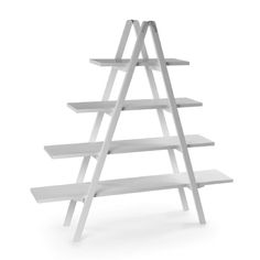 a white shelf with three shelves on each side and two levels to the bottom, in front of a white background