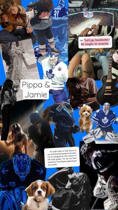 a collage of pictures with people, dogs and sports equipment on them in blue