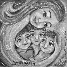 a black and white drawing of three people with their faces in the shape of a heart