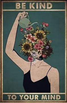 a woman with flowers on her head holding a watering can in front of her face