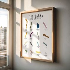 the lakes of the lake district are displayed on a wall in front of a window