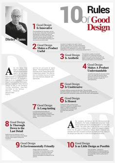 an info sheet with the words 10 rules of good design written in red and black