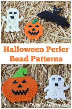 four halloween perler bead patterns with pumpkins and ghost on them in hay