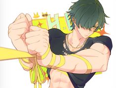 an anime character with green hair and black shirt holding a yellow object in his hands