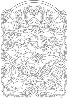 an intricately designed coloring page with fish and flowers in the center, surrounded by water lilies