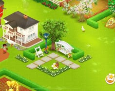 an image of a house in the middle of a yard with flowers and trees around it