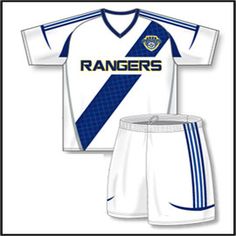 a soccer jersey and shorts with the word rangers written on it in blue, white and yellow