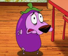 an animated purple eggplant standing in front of a table