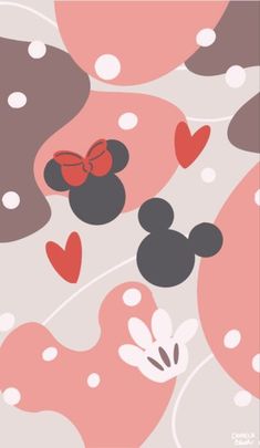 mickey mouse wallpaper with hearts and bows on the top, in pinks and browns