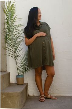 "Breezy button front tunic dress that can be worn many ways. Comfortable and flattering before, during, and after pregnancy. Breastfeeding friendly. Oversized style that is great stand alone piece, or can be worn with leggings, shorts, or as a swimsuit coverup.  DETAILS Sustainably made from deadstock fabric  Olive color - 100% Cotton Gauze Straw color - Cotton/Rayon blend tonal stripe fabric Natural buttons  Made in Downtown Los Angeles FIT One Size Bust - 58\" Hip is 78\" Length 34\" Model is 5'6\" and in her third trimester.*Free Shawl Gift with Purchase* - see description under my listings \"Open Weave Ruana\"" Summer Daywear Nursing-friendly Maternity Dress, Summer Maternity Dress Nursing Friendly Daywear, Summer Maternity Dress, Nursing Friendly, For Daywear, Casual Nursing Friendly Summer Dresses, Casual Summer Nursing Friendly Dresses, Green Short Sleeve Maternity Dress For Summer, Casual Tunic With Button Closure For Daywear, Casual Green Maternity Dress, Summer Short Sleeve Maternity Dress For Daywear