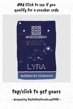 a blue towel with the words lyra on it and an image of stars in the sky