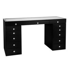 a black desk with lots of drawers on it