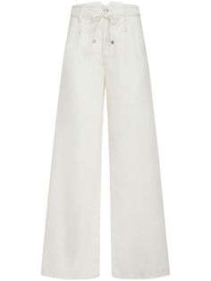 ivory white cotton denim tonal design vertical stripe pattern signature Pegaso motif high-waisted wide leg front button fastening belted waist two side slash pockets two rear patch pockets High Rise Wide Leg Jeans, White Pants, Emilio Pucci, Wide Leg Denim, Cotton Pants, Polished Look, Casual Wardrobe, Isabel Marant, Summer Wardrobe