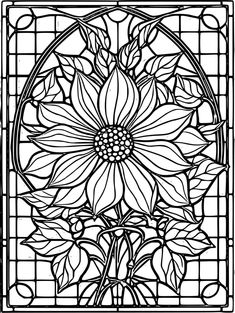 a black and white image of a flower in a stained glass window with leaves on it