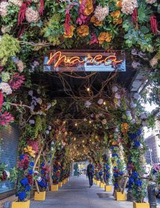 the entrance to marquee is covered in flowers