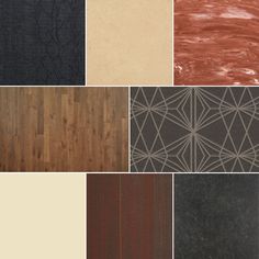 several different types of wood flooring in various colors and patterns, including black, brown, beige, red