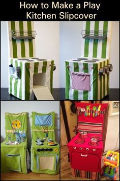 four different pictures of kitchen furniture with the words how to make a play kitchen slipcover