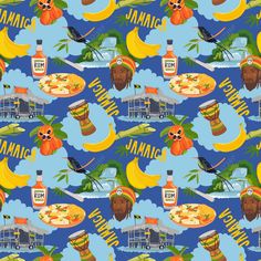 Seamless pattern in Rasta colors. Jamaican vector pattern. Rum, ackee fruit, hummingbird, waterfall, beach bar, rastafarian, giant drum in flat style on blue background. - 228418425 Ackee Fruit, Rasta Colors, Beach Bar, Flat Style, Beach Bars, Vector Pattern, Fashion Flats, Blue Background, Blue Backgrounds