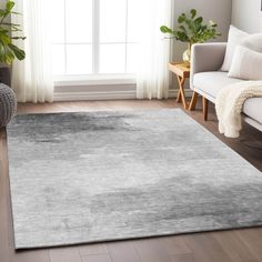 a living room with a large rug on the floor and a window in the background