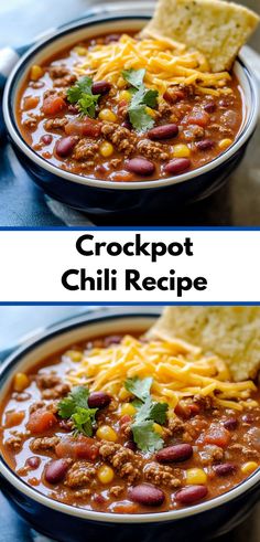 two pictures of chili and cheese in a bowl with bread on the side, next to each other