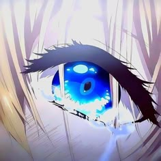 an anime character's eye is shown in the foreground, with trees behind it