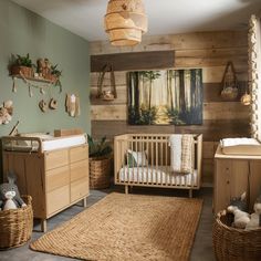 a baby's room is decorated in natural wood and neutral colors, including the crib