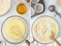 two pictures showing the process of making cupcakes with eggs and flour in separate bowls