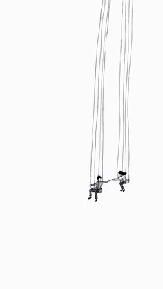 a drawing of two people on skis in the air with their feet dangling from wires