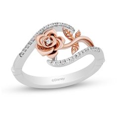 Enjoy the whimsical yet romantic design of this diamond bypass rose ring from the Enchanted Disney Fine Jewelry Collection inspired by Belle. Crafted in sterling silver A 10K rose gold flower sparkles with a single diamond inside the bloom. Bypassing ribbons of shimmering diamonds highlight the sideways centrepiece. This ring captivates with 1/10 ct. t.w. of diamonds. ©Disney Basic Rings, Disney Rings, Enchanted Disney, Enchanted Disney Fine Jewelry, Disney Belle, Disney Fine Jewelry, Rose Gold Flower, Jewellery Ring, Gold Book