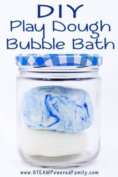 diy play dough bubble bath in a glass jar with blue and white checkered lid