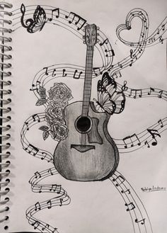 a drawing of a guitar with music notes and roses