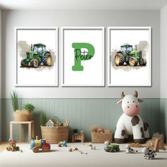 two pictures of farm animals in front of a wall with the letter p on it