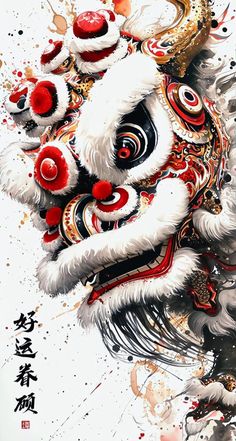 a painting of a white and red lion with chinese characters on it's face