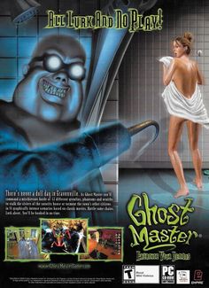 an advertisement for ghost master from the video game, which features a woman in a white dress