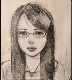 a pencil drawing of a girl with glasses on her head and long hair, looking straight ahead