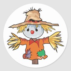 a cartoon scarecrow with an orange hat and yellow wings sticker on a white background