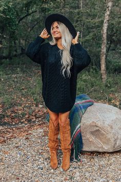 Sweater Dress With Cardigan, Fall Black Outfits Women, Fall Warm Outfits, Dress And Booties Outfit Fall, Long Sweater Dress With Cowboy Boots, Sweater Dresses With Western Boots, Dresses With Sweaters Over It, Fall Dress With Boots, Fall Sweater Dress Outfits