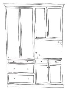 a black and white drawing of an armoire with drawers on one side and cupboards on the other