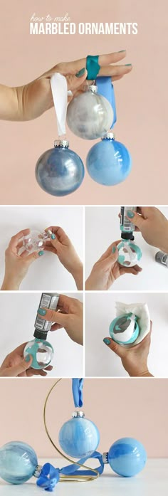 how to make marbled ornament ornaments with blue and white glass balls, ribbons, and plastic spoons