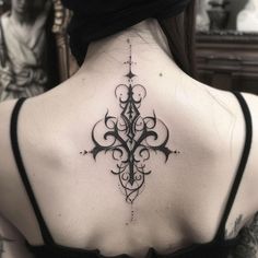 Small Tattoos For Women Tattoo Design Pack Tattoos Dark Feminine, Collarbone Tattoo Goth, Victorian Tattoos For Women, Neo Gothic Tattoo, Grunge Back Tattoo, Sigil Back Tattoo, Back Shoulder Blade Tattoos For Women, Goth Spine Tattoo, Nordic Tattoo Women