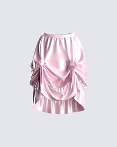 Stand out from the rest in this pink high-low skirt made from satin fabric, & adorned with a front cinched tie detail 😚 From the lunch date to dancing on a levitated surface - you’ll be serving classy, and fun 🌷 Trumpet Skirt Short, Long Ruffle Skirt, Pink Satin Skirt, Fuzzy Skirt, White Corset Dress, Pink Skirts, Satin Clothes, Satin Corset Top, Pretty Skirt