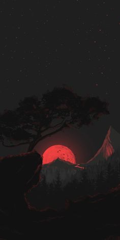 the sun is setting on top of a mountain with trees and mountains in the background