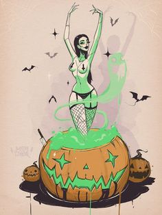 a drawing of a woman sitting on top of a pumpkin with green liquid pouring out of it