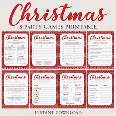 christmas party games printables with red and white text on the front, and an image