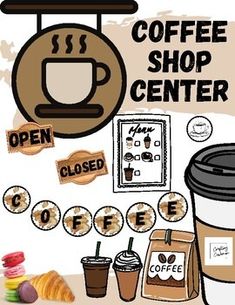 coffee shop center sign with various items around it