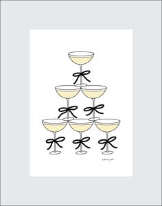 a black and white drawing of champagne glasses with bows on the rims, all stacked up in a pyramid